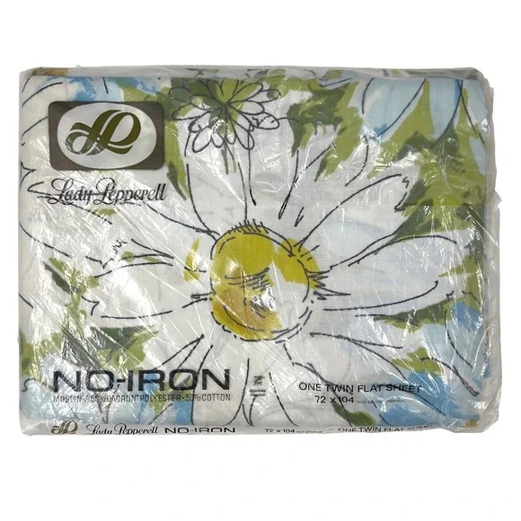 Vintage Lady Pepperell Twin Flat Sheet Daisy Floral No Iron Blue Green New 70s - Picture 1 of 2